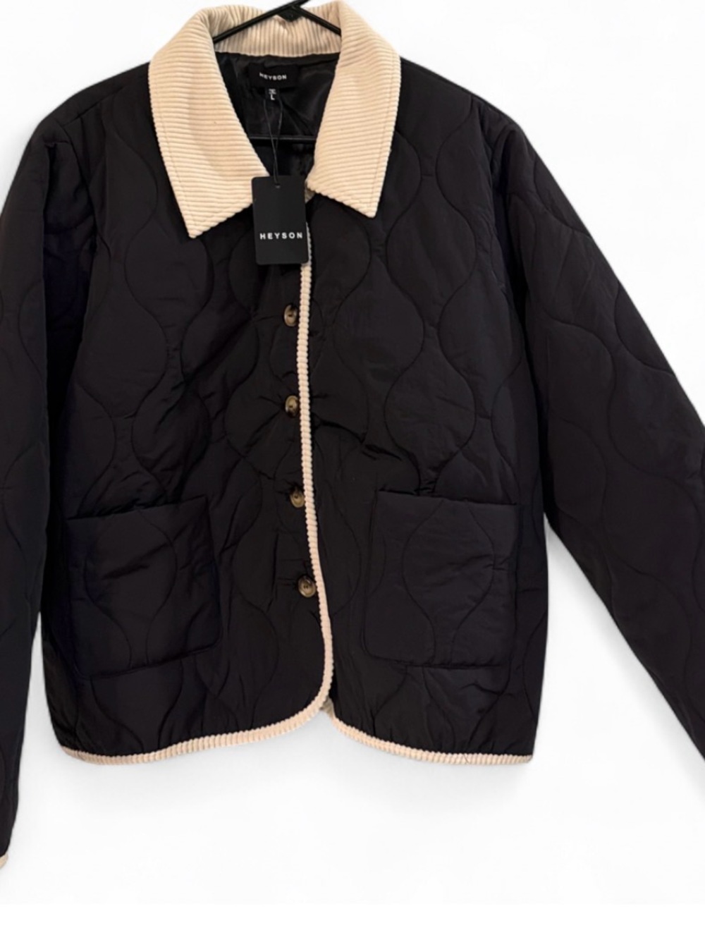Heyson Black Quilted Jacket with Cream Corduroy Collar